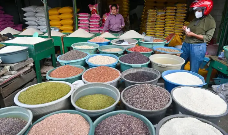 Pedagang melayani pembeli beras di Pasar Induk Manonda, Palu, Sulawesi Tengah, Rabu (3/9/2025). Badan Pusat Statistik (BPS) merilis, Provinsi Sulawesi Tengah mencatat angka inflasi tahunan tertinggi kedua secara nasional yakni sebesar 4,02 persen setelah Sumatera Utara sebesar 4,42 persen yang terutama disebabkan karena kenaikan harga kelompok bahan makanan dan minuman terutama beras. bmzIMAGES/Basri Marzuki