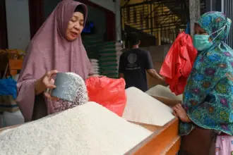 Pedagang melayani pembeli beras di Pasar Inpres Manonda, Palu, Rabu (3/9/2025). (bmzIMAGES/basri marzuki)